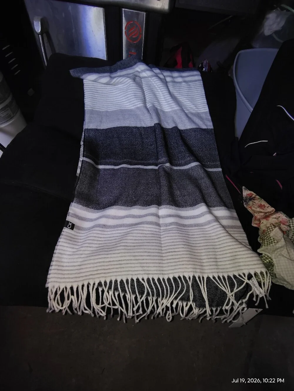 Calvin Klein White and Gray Striped Fringe Scarf